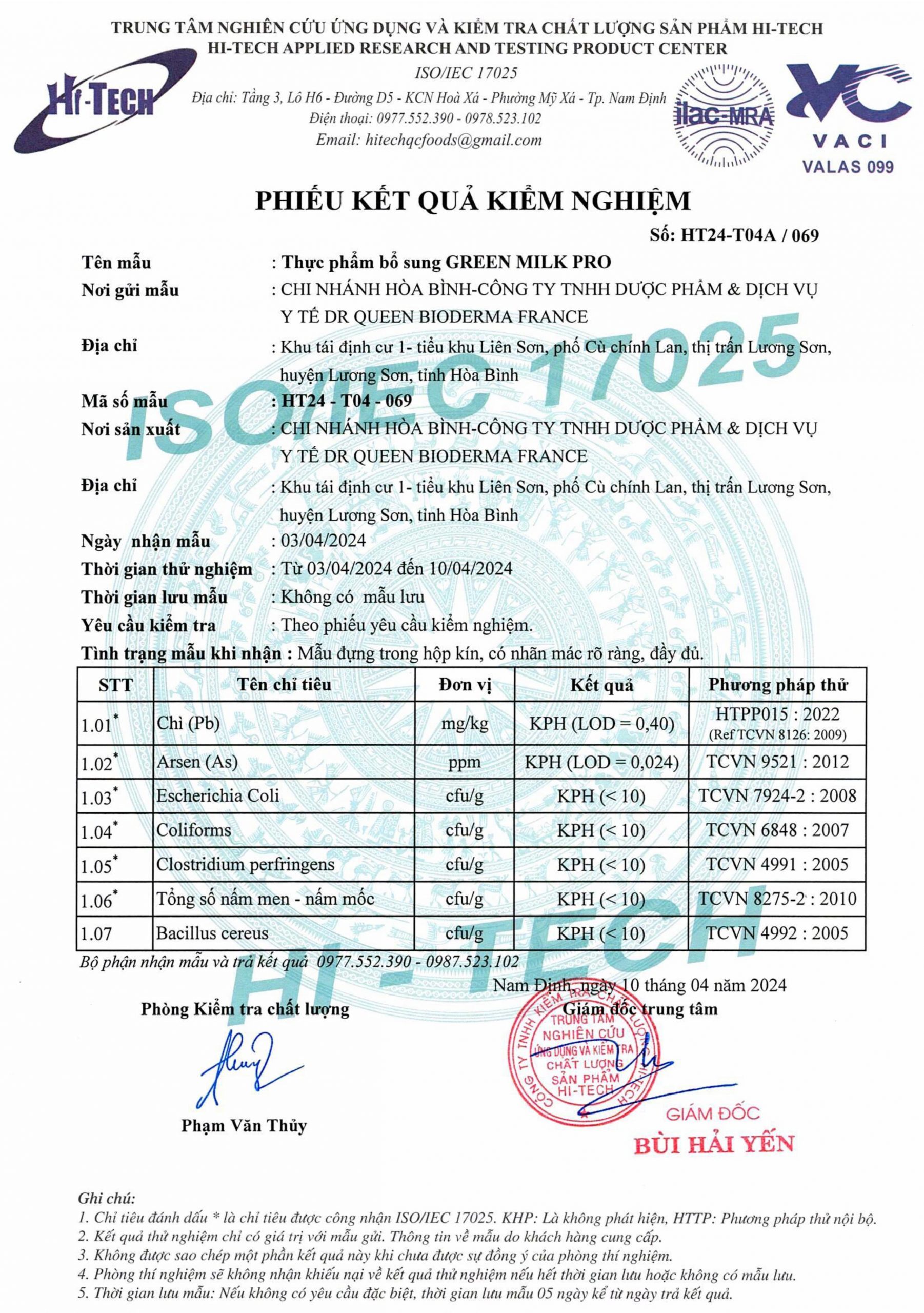 Phiếu kết quả kiểm nghiệm chất lượng và sản phẩm của Green Milk Pro